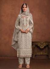 Grey Soft Organza Straight Pant Suit with Embroidery Work